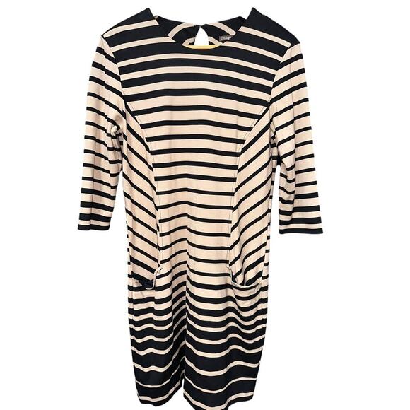 J. McLaughlin Women’s Dress Black Tan Stripe 3/4 sleeves M Stretch work office - Picture 1 of 6
